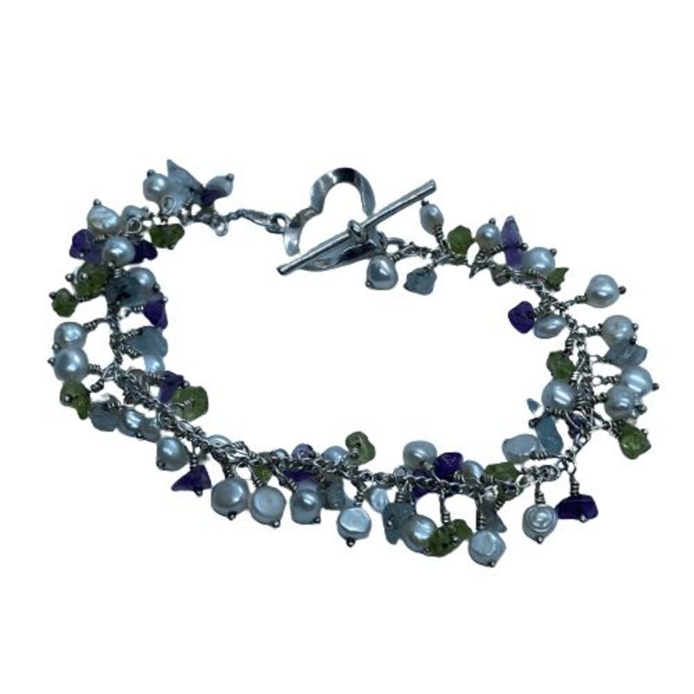 Elegant, Cultured Pearl, Gemstone & Sterling Silver Bracelet w/ Heart Clasp